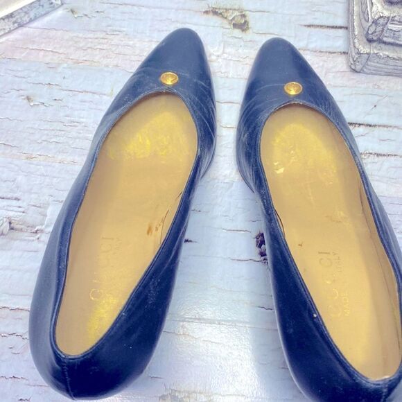 🌷Gucci 🌷Authentic Vintage Navy Blue Gold Gem Heel Leather Pumps From Italy 🇮🇹 - Picture 5 of 8